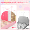 Wood upholstered twin bed platform in pink with high-density sponge headboard and sturdy slat support for kids' safety.