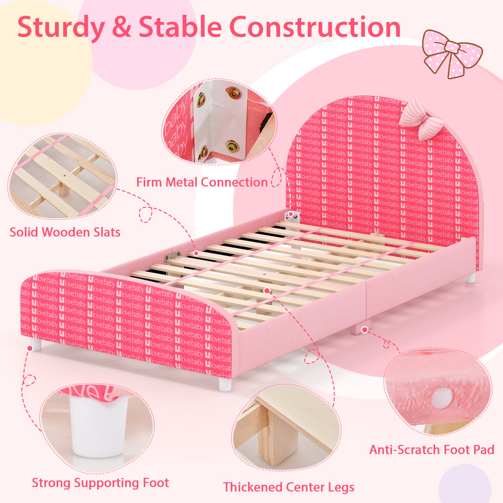 Wood upholstered twin bed platform in pink with sturdy wooden slats and smooth arc edges, ideal for kids' safety and.