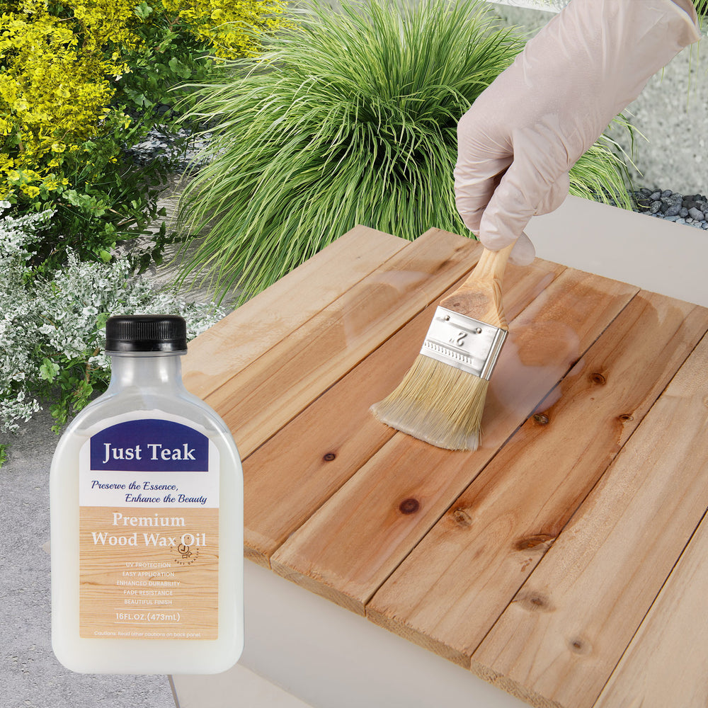 Applying Just Teak Premium Wood Wax Oil on a wooden surface for outdoor and indoor furniture restoration and protection.