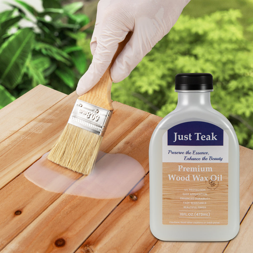 Premium wood wax oil in a 16 oz bottle, ideal for restoring and enhancing the beauty of outdoor and indoor furniture.