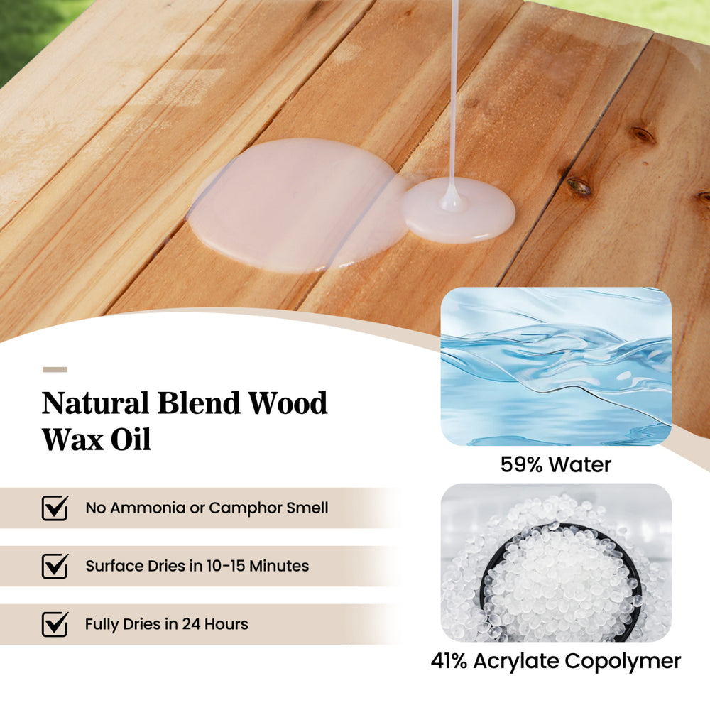 Natural blend wood wax oil in a clear finish, ideal for restoring and protecting outdoor and indoor furniture.