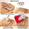 Step-by-step guide showing application of 16 oz wood oil cleaner and brightener on wooden surfaces for restoration.