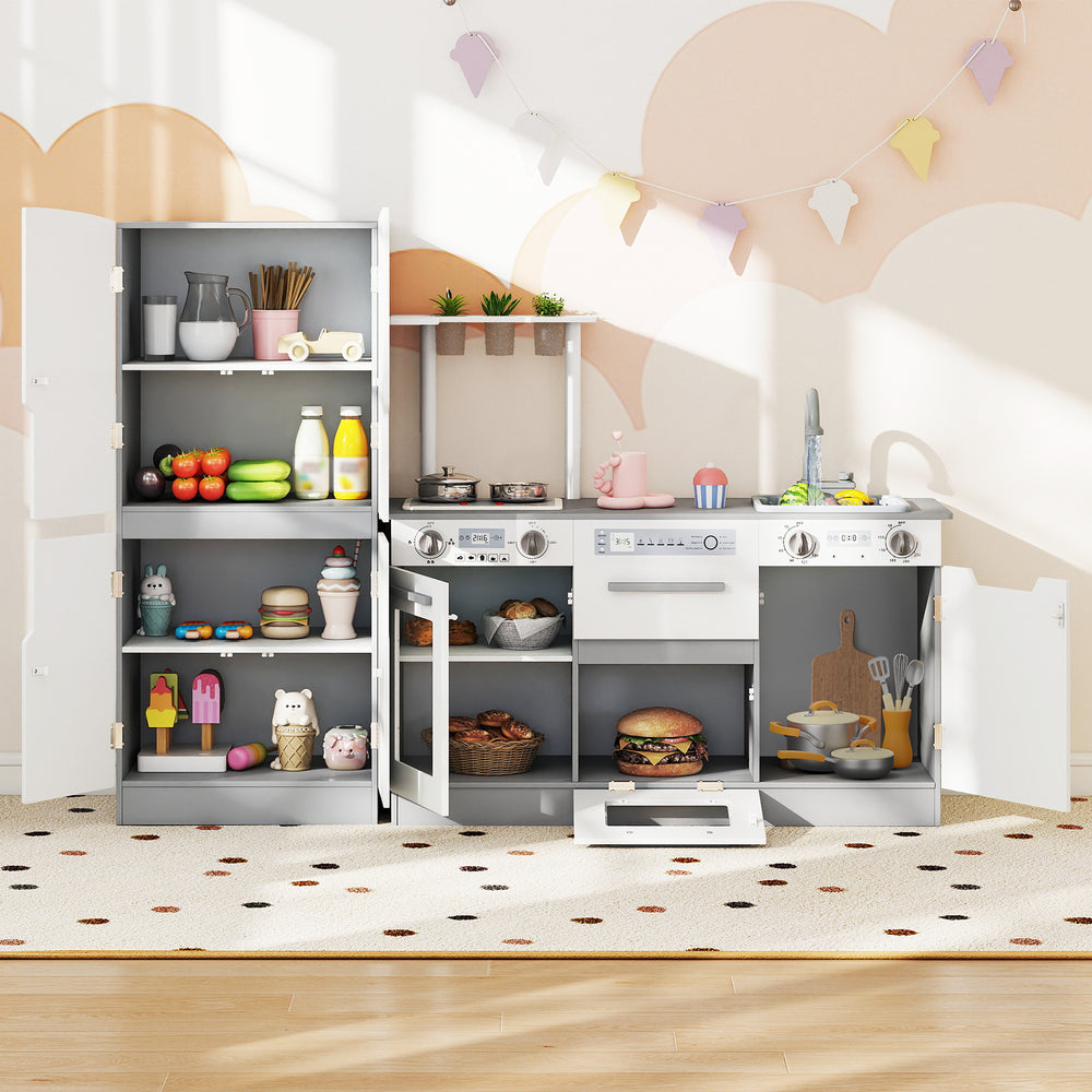 Wooden kids kitchen playset with fridge, oven, and running water features, designed for imaginative play and skill.