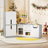 Wooden kids kitchen playset with fridge, oven, and running water, designed for fun and skill development in children.