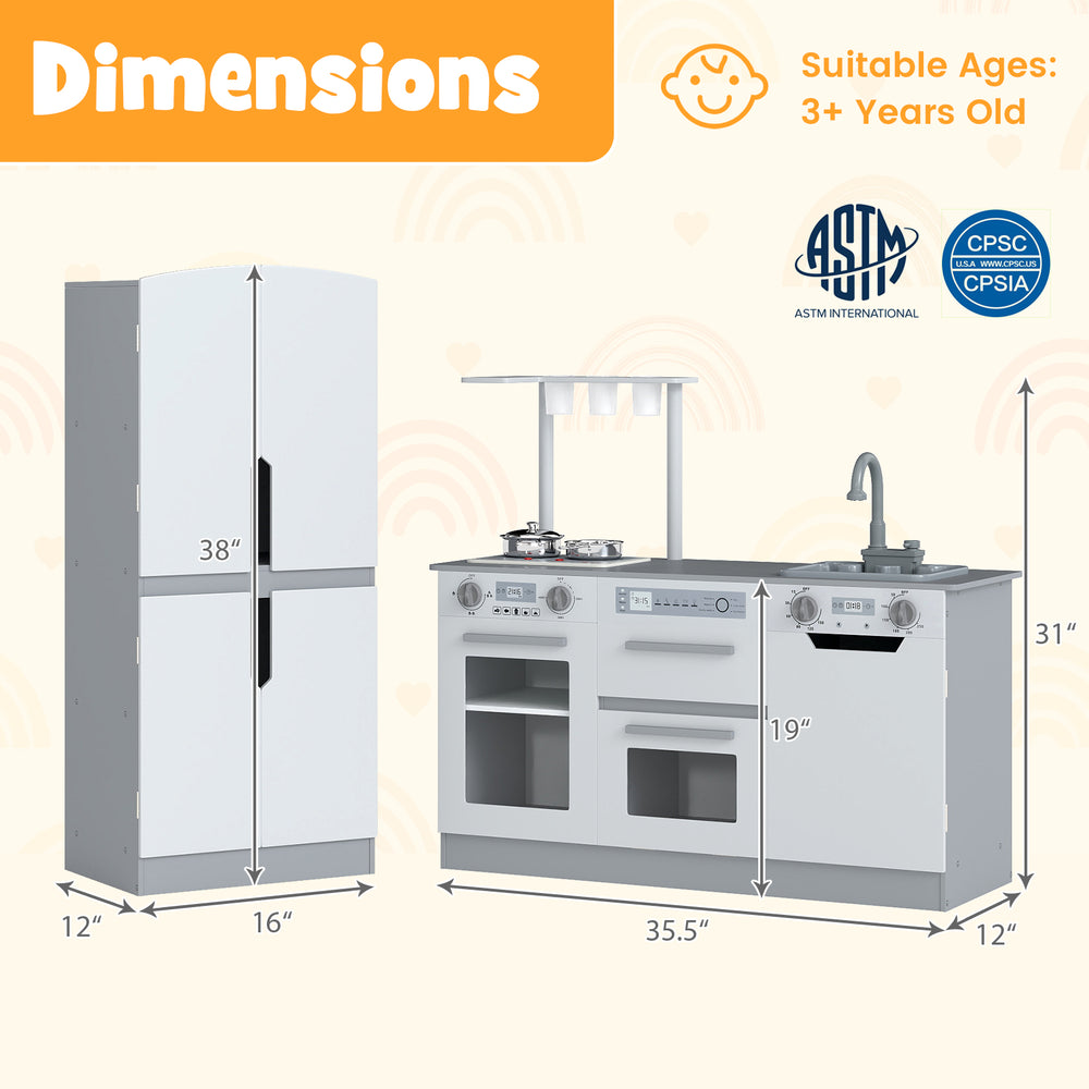 Kids kitchen playset featuring a fridge and running water, gray finish, designed for children aged 3+ years.