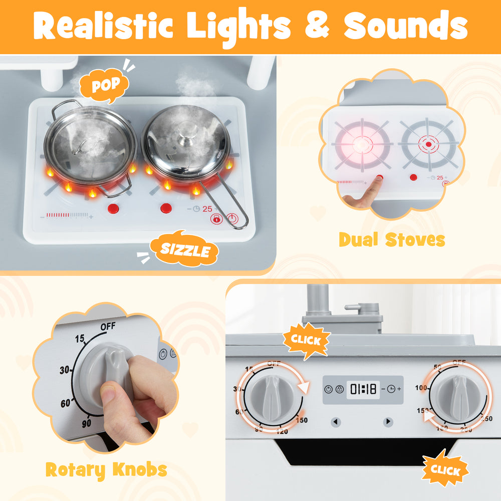 Realistic lights and sounds on the dual stoves and rotary knobs of the wooden kids kitchen playset for interactive play.
