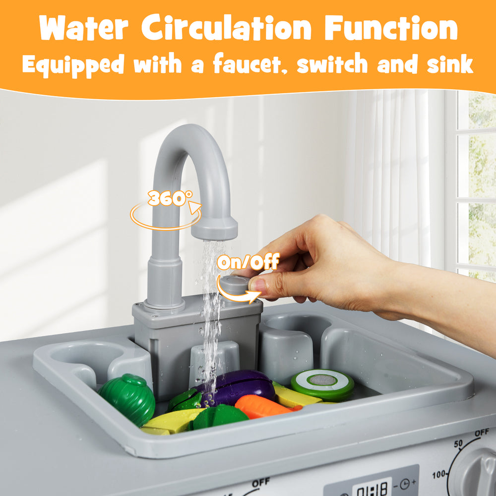 Gray kids kitchen playset with running water faucet, sink, and realistic features for imaginative play and skill.