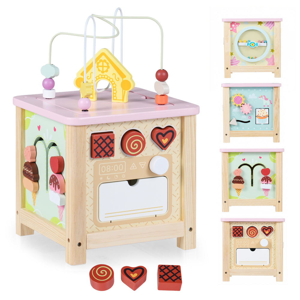 Wooden activity cube with dessert theme, featuring shape matching blocks and a pretend kitchen for toddlers 18+ months.