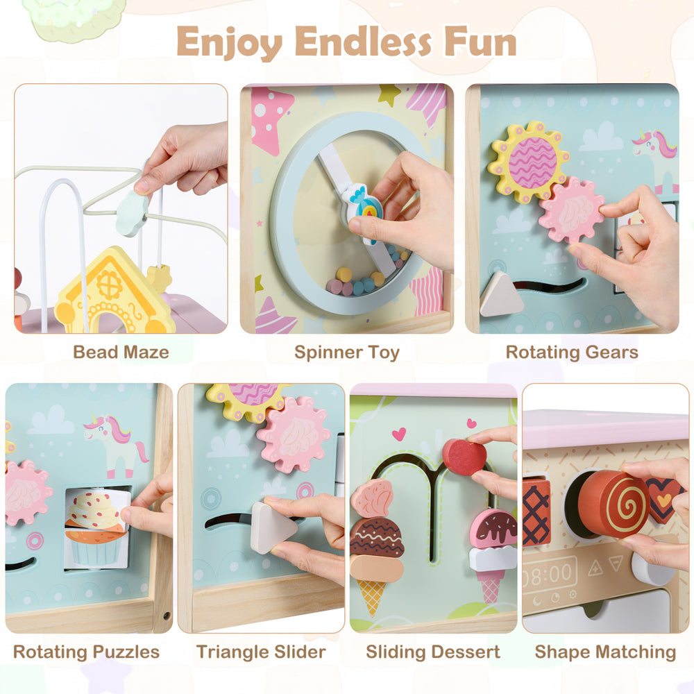 Wooden activity cube featuring shape matching, rotating puzzles, and a pretend kitchen for toddlers 18+ months.