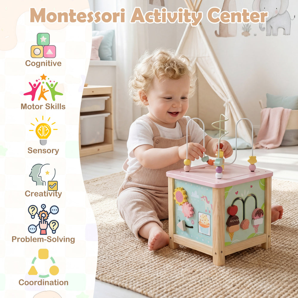 Wooden activity cube with sensory toys for toddlers, featuring shape matching blocks and hidden storage for organized.