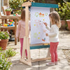 Wooden art easel for kids featuring a fir wood frame, paper roll, and storage trays, perfect for outdoor creativity.