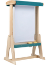 Wooden art easel for kids with a fir wood frame, detachable paper roll holder, and storage trays for art tools.