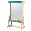Wooden art easel for kids with a fir wood frame, storage trays, and a canopy for outdoor painting activities.