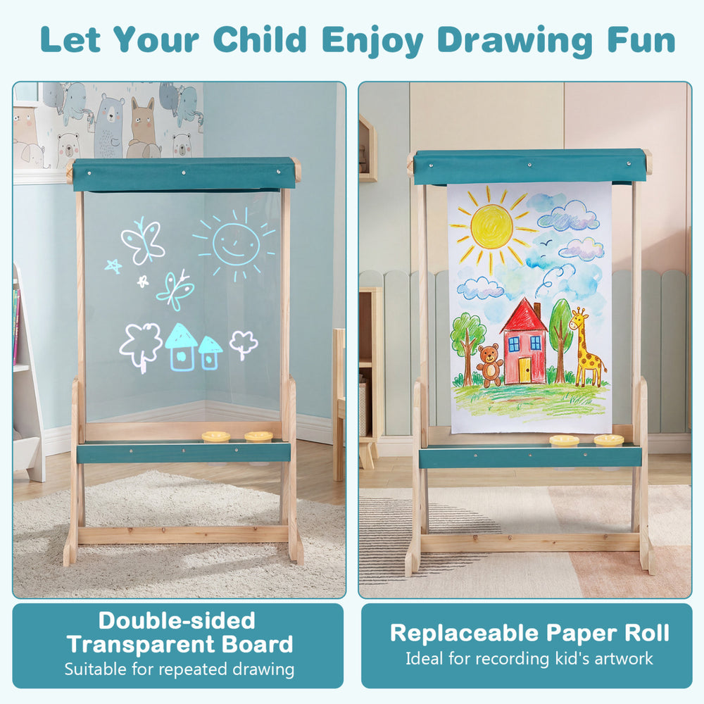 Wooden art easel for kids featuring a double-sided transparent board and replaceable paper roll, perfect for creative.