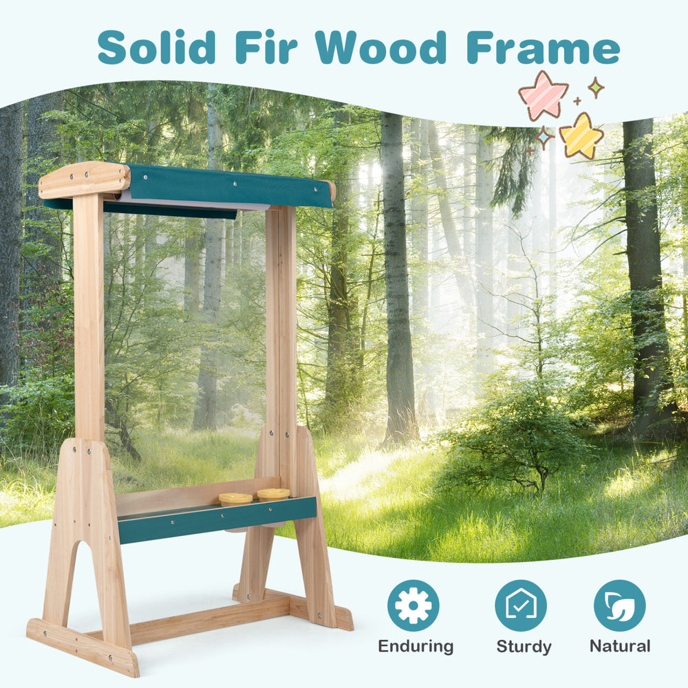 Wooden art easel for kids with fir wood frame, storage trays, and detachable paper roll holder for outdoor creativity.