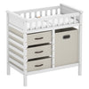 Wooden baby changing table with 3 beige fabric drawers and a removable changing pad, ideal for secure diaper changes.