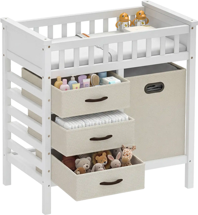 Costway Wooden Baby Changing Table w/ 3 Fabric Storage Drawers 93907405 New
