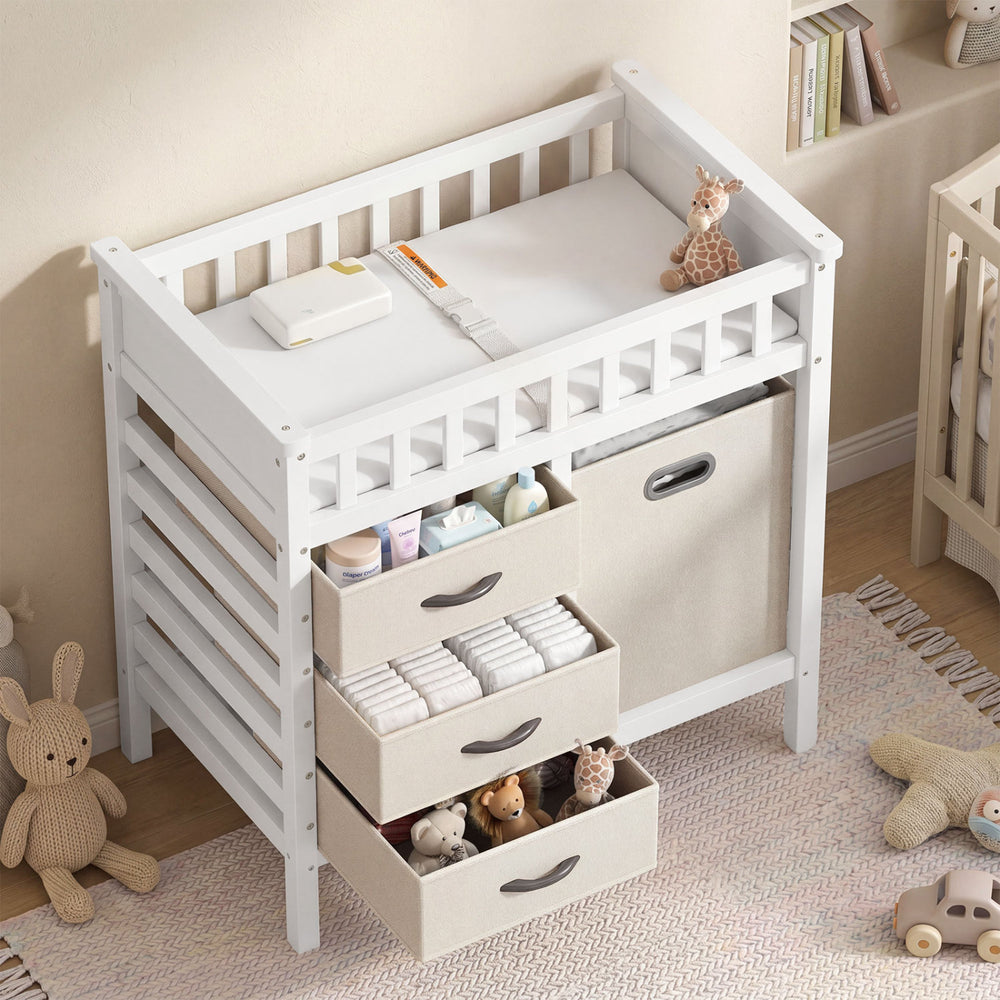 Wooden Baby Changing Table Diaper Changing Station with 3 Fabric Storage Drawers-Beige - Gallery View 1 of 10
