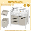 Wooden baby changing table dimensions showcasing solid pine frame, three beige fabric storage bins, and safety features.