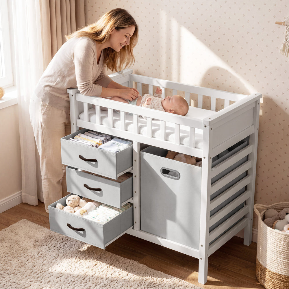 Wooden Baby Changing Table Diaper Changing Station with 3 Fabric Storage Drawers-Grey - Gallery View 1 of 10