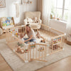 Wooden baby playpen in natural finish with adjustable size, featuring a dual-opening door and interactive toys for.