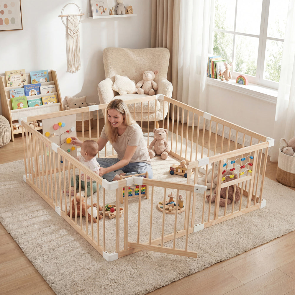 Wooden baby playpen in natural finish with adjustable size, featuring a dual-opening door and interactive toys for.