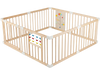 Wooden baby playpen with a childproof lock and smooth PP connectors for enhanced safety and stability during playtime.