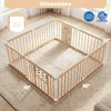 Large adjustable wooden baby playpen in natural finish, featuring interactive toys and dual-opening door for safety.