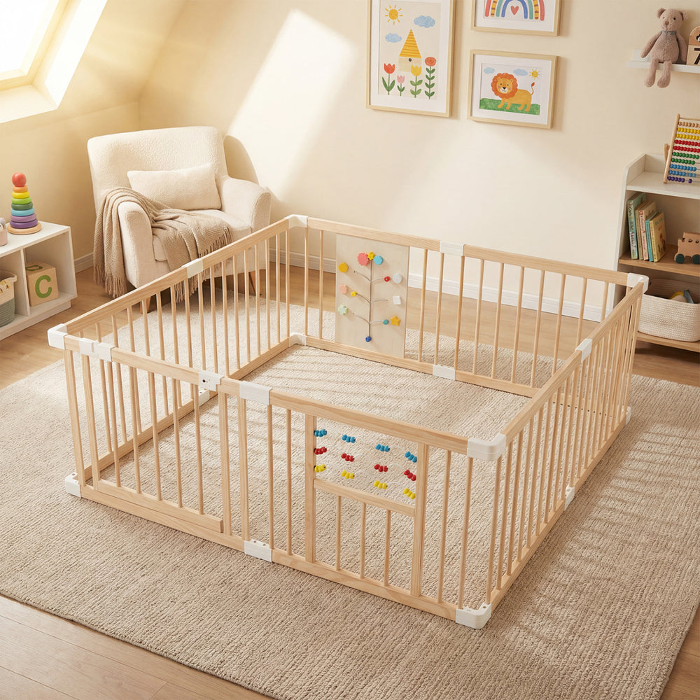 Wooden baby playpen with adjustable size, solid pine wood, and interactive toys for safe infant playtime indoors.