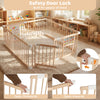 Wooden baby playpen with dual-opening door and childproof lock, featuring solid pine wood for safety and durability.
