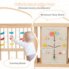 Wooden baby playpen with interactive toys, including counting beads and gears, for sensory development and safe play.