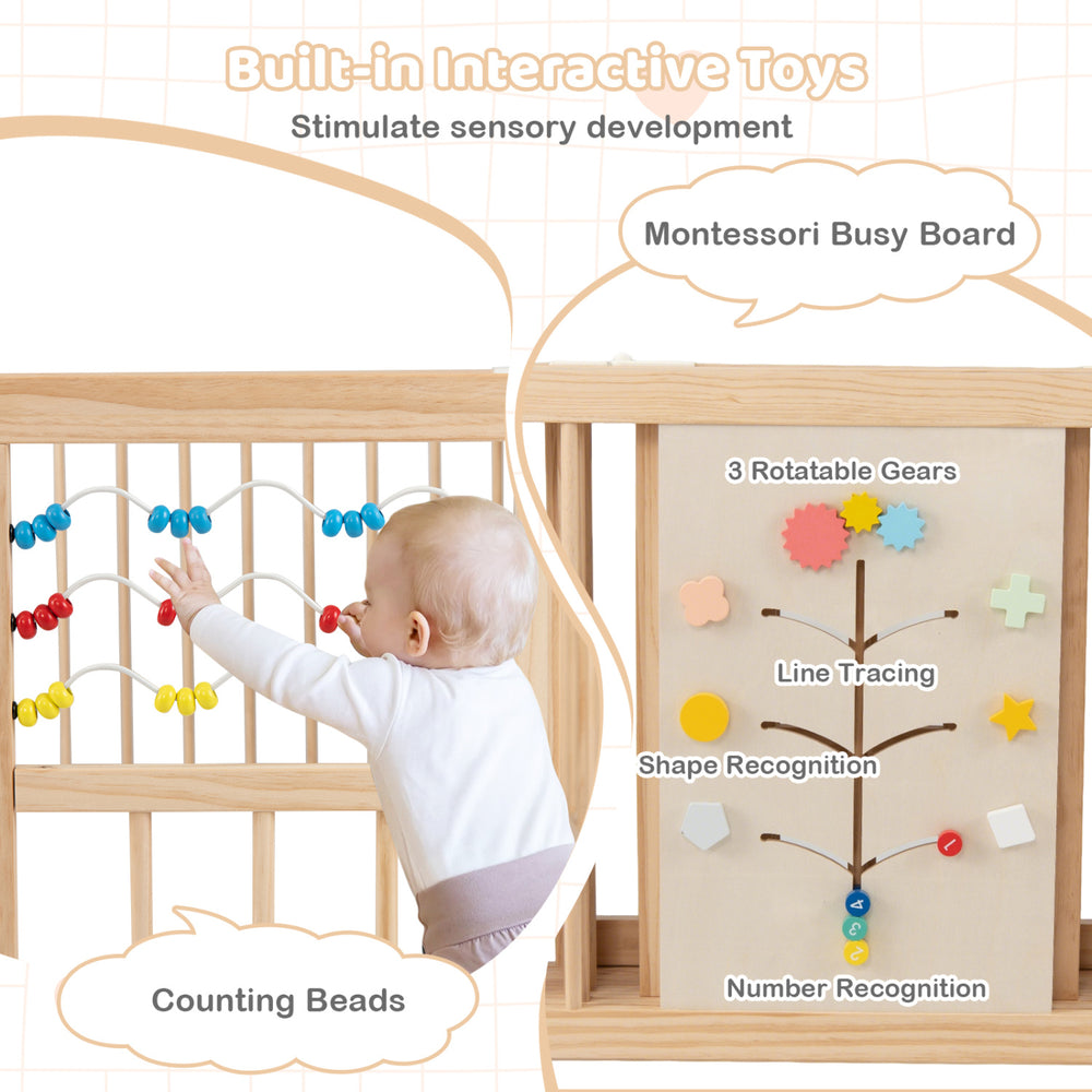 Wooden baby playpen with interactive toys, including counting beads and gears, for sensory development and safe play.