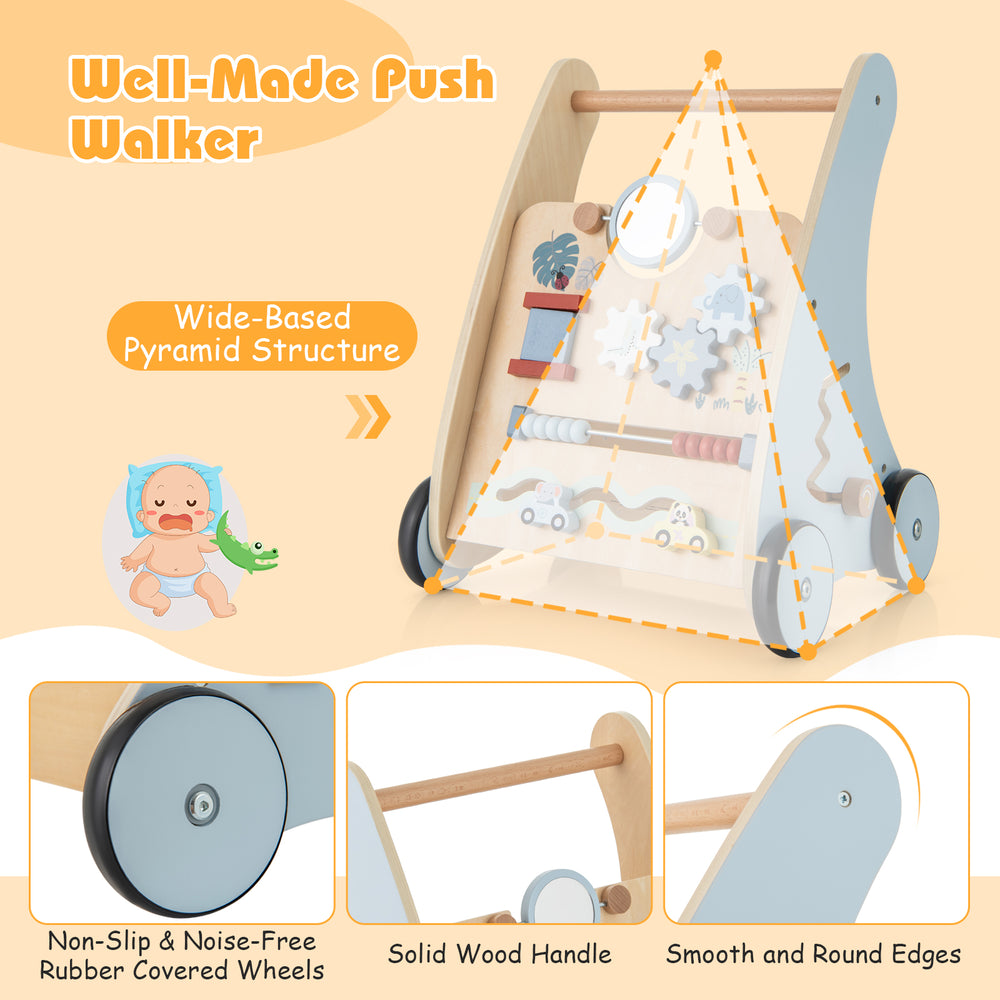 Wooden baby push and pull walker with multi-activity center, featuring rubber wheels and a wide-based pyramid structure.
