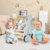 Wooden baby push and pull walker with multi-activity learning center, featuring rubber wheels for quiet movement and.