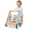 Wooden baby push and pull walker with multi-activity learning center, featuring rubber wheels and a stable 4-point base.
