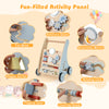 Wooden baby push and pull walker with multi-activity learning center, featuring a fun maze, shapes sorter, and rotatory.