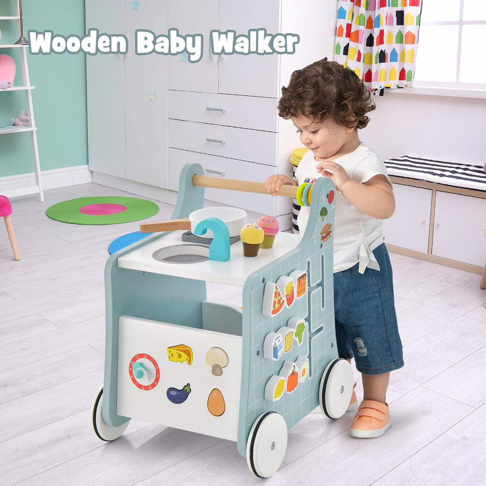 Wooden baby walker with play kitchen features, ergonomic design, and colorful accessories for toddlers over 12 months.