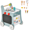 Wooden baby stroller with play kitchen in blue, featuring accessories, storage box, and ergonomic design for toddlers.