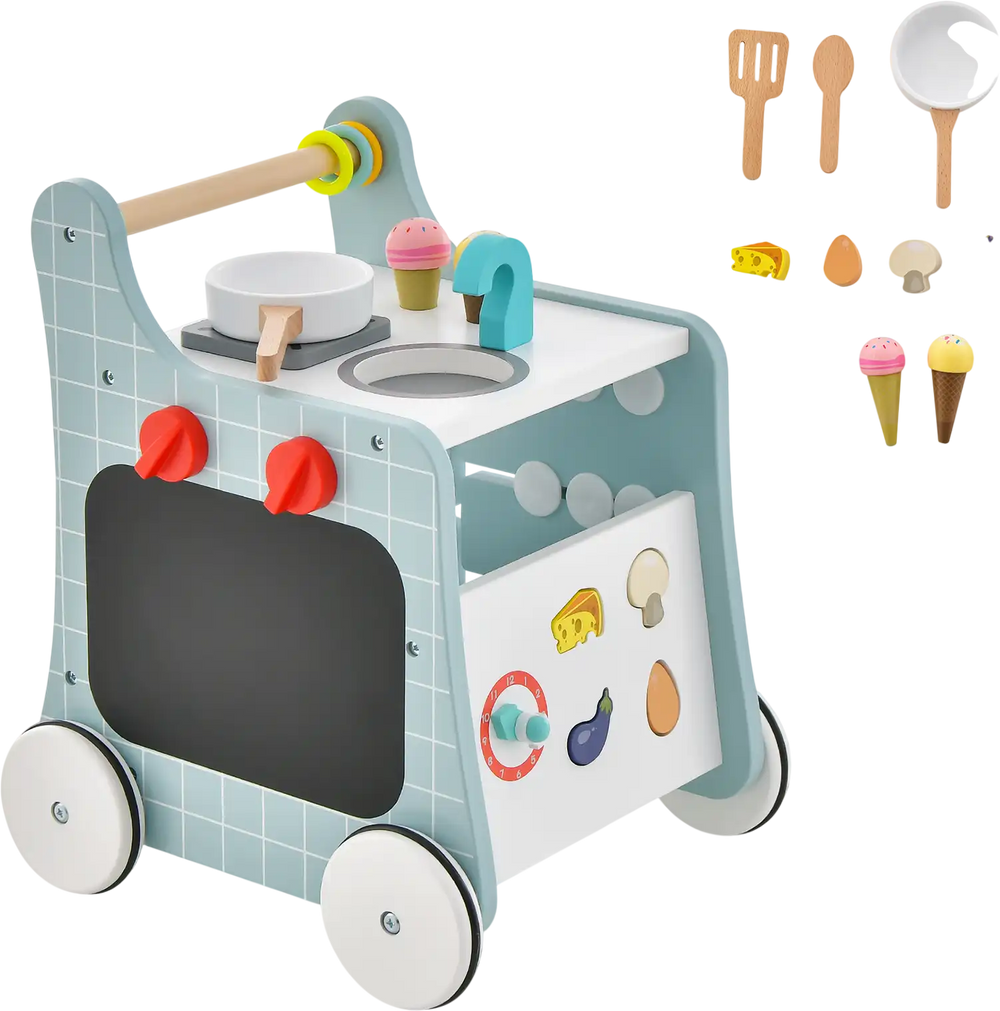 Wooden baby stroller with play kitchen in blue, featuring accessories, storage box, and ergonomic design for toddlers.