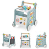 Wooden baby stroller with play kitchen features, ergonomic design, and colorful accessories for toddlers over 12 months.