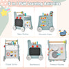 Wooden baby stroller with play kitchen, teaching clock, and shape sorter for toddlers over 12 months, in blue.