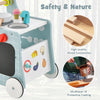 6-in-1 blue wooden baby stroller with play kitchen, featuring ergonomic design and BPA-free materials for toddlers.