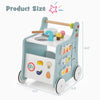 Wooden baby stroller with play kitchen, blue, featuring storage box, teaching clock, and colorful accessories for.