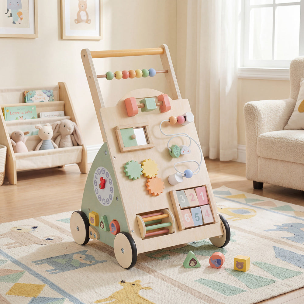 Wooden baby walker with wheels, featuring 10 games, sturdy handle, and storage basket for enhancing motor skills.