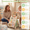 Wooden baby walker with wheels and storage basket, featuring 10 games to enhance motor skills and creativity for.