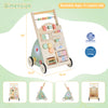 Wooden baby walker with wheels and storage basket, featuring 10 games for motor skills development, suitable for ages.
