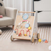 Wooden baby walker with activity center, smooth wheels, and storage basket, designed for toddlers over 1 year old.