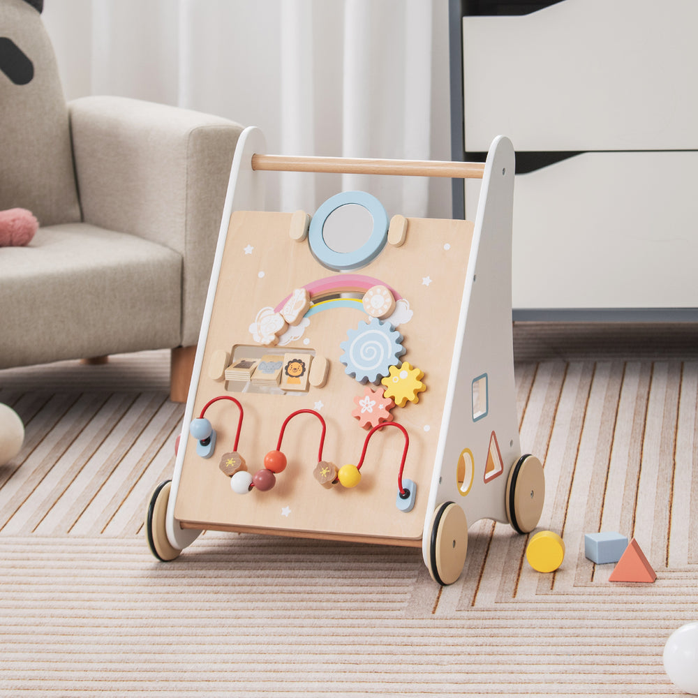 Wooden baby walker with activity center, smooth wheels, and storage basket, designed for toddlers over 1 year old.