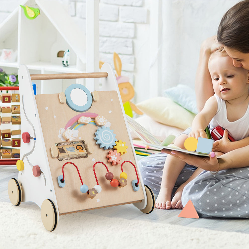 Wooden baby walker with activity center, smooth wheels, and storage basket, designed for toddlers over 12 months.