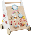 Wooden baby walker with activity center, smooth rubberized wheels, and durable wood for toddlers over 1 year old.